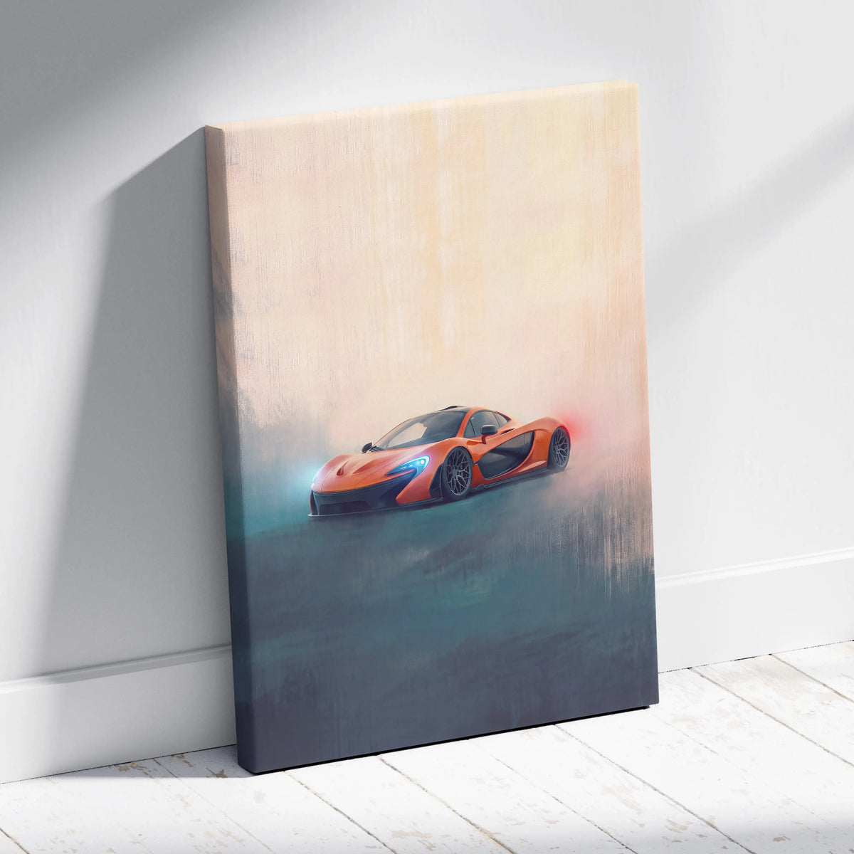 Orange McLaren P1 inspired sports car canvas print with glowing blue headlights and red taillights in motion on gradient background