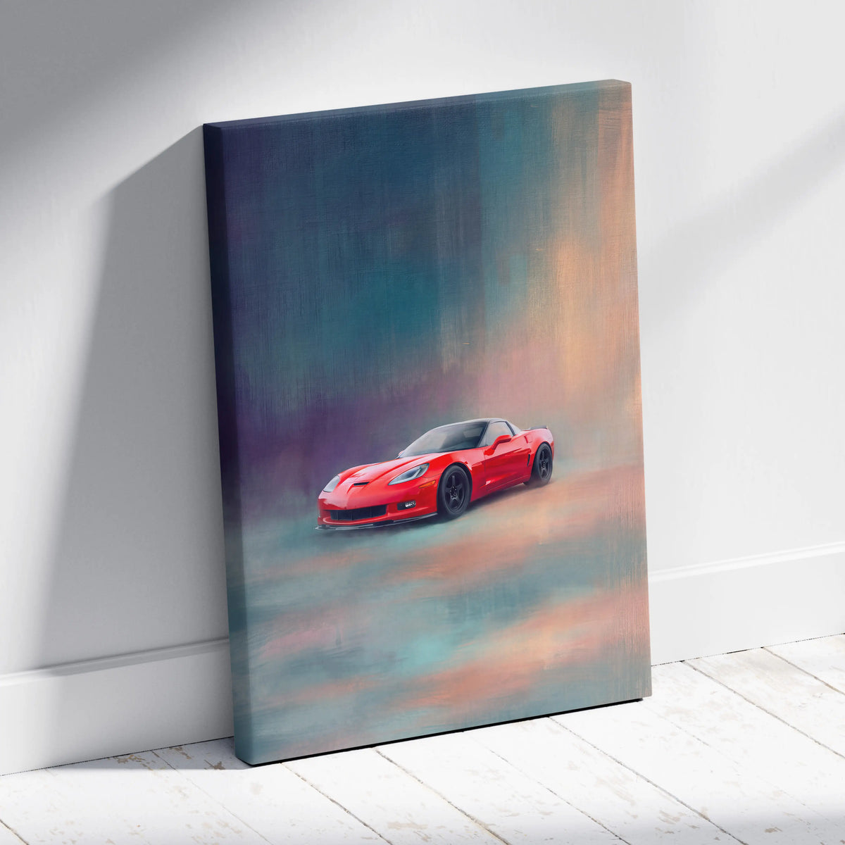 Chevrolet Corvette inspired red sports car canvas print with sleek glossy finish and teal orange brushstrokes for office decor