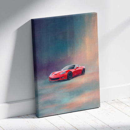 Chevrolet Corvette inspired red sports car canvas print with sleek glossy finish and teal orange brushstrokes for office decor