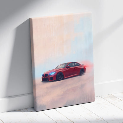 Red bmw m2 coupe canvas print featuring a drifting scene with glowing blue headlights and smoke effects wall art
