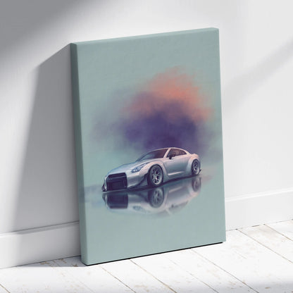 Silver nissan gt-r r35 sports car canvas print with reflective surface and smoky gradient background modern wall art