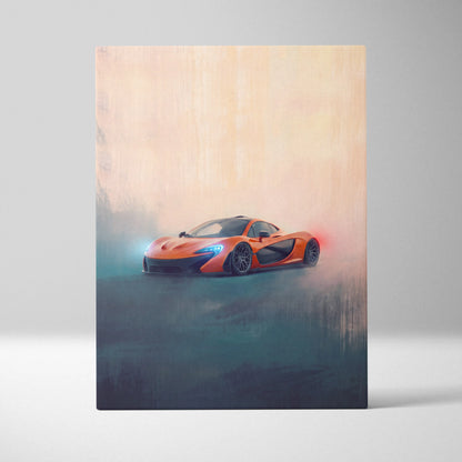 Mclaren p1 inspired car wall art featuring vibrant orange sports car with glowing headlights on canvas print