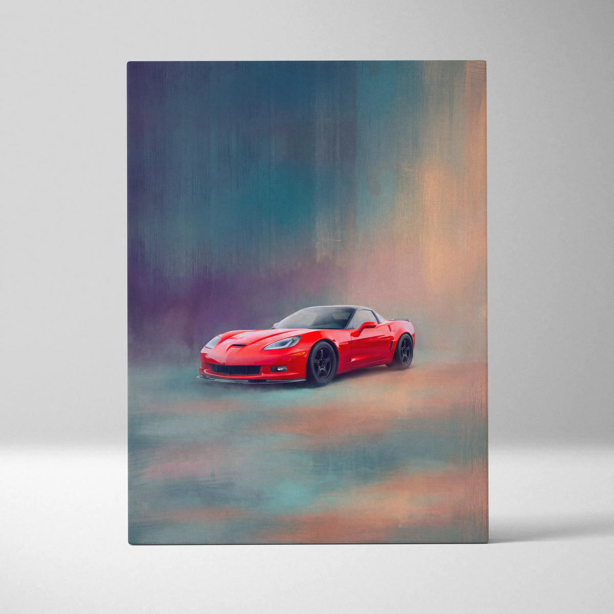 Red corvette sports car stylized painterly artwork with teal and orange background on american sports canvas print wall art