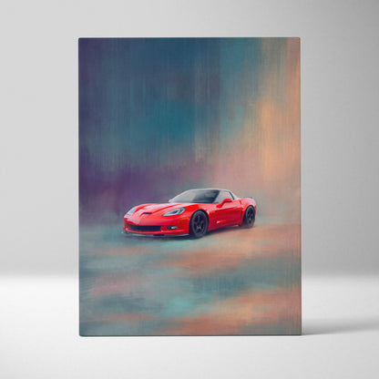 Red corvette sports car stylized painterly artwork with teal and orange background on american sports canvas print wall art