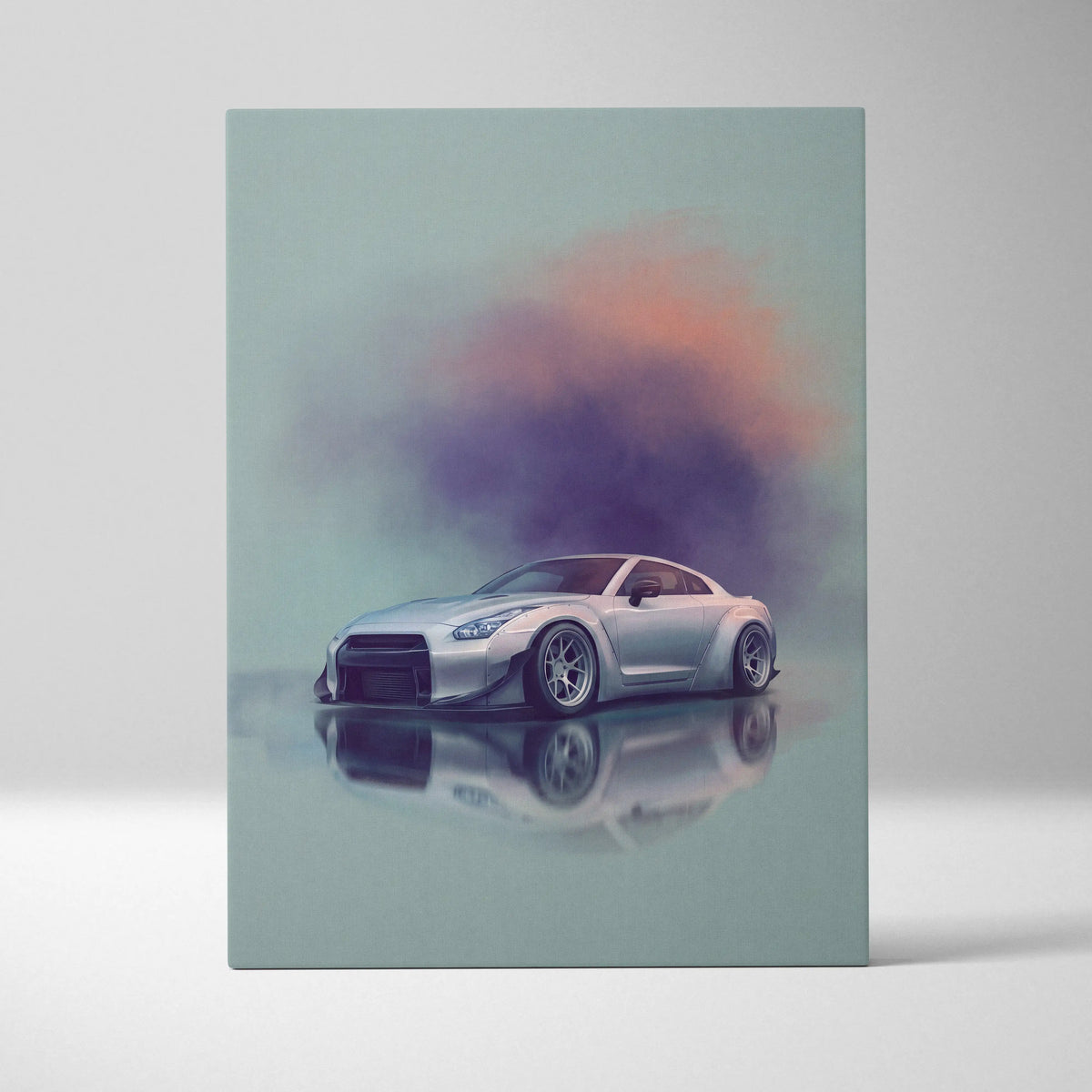Silver nissan r35 gt-r inspired car wall art featuring a wide-body kit and black rims in modern automotive print