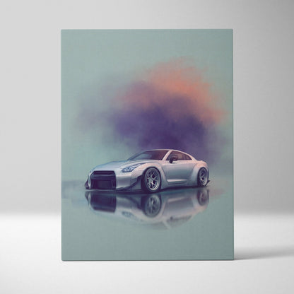 Silver nissan r35 gt-r inspired car wall art featuring a wide-body kit and black rims in modern automotive print
