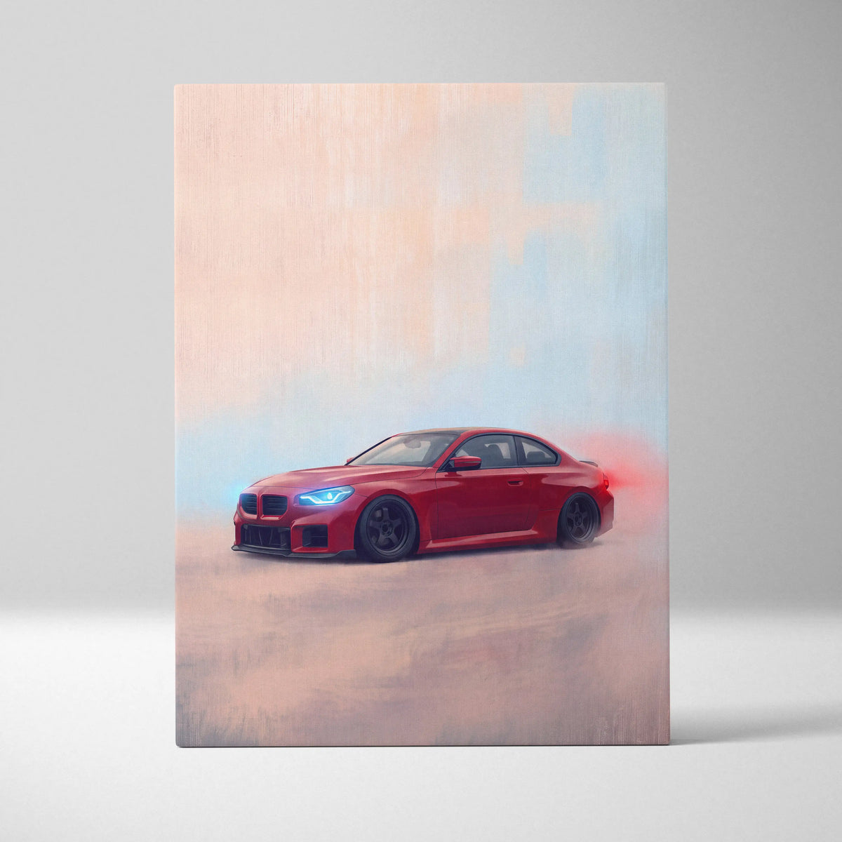 Bmw m2 inspired automotive wall art featuring a red coupe with black rims and glowing blue headlights canvas print