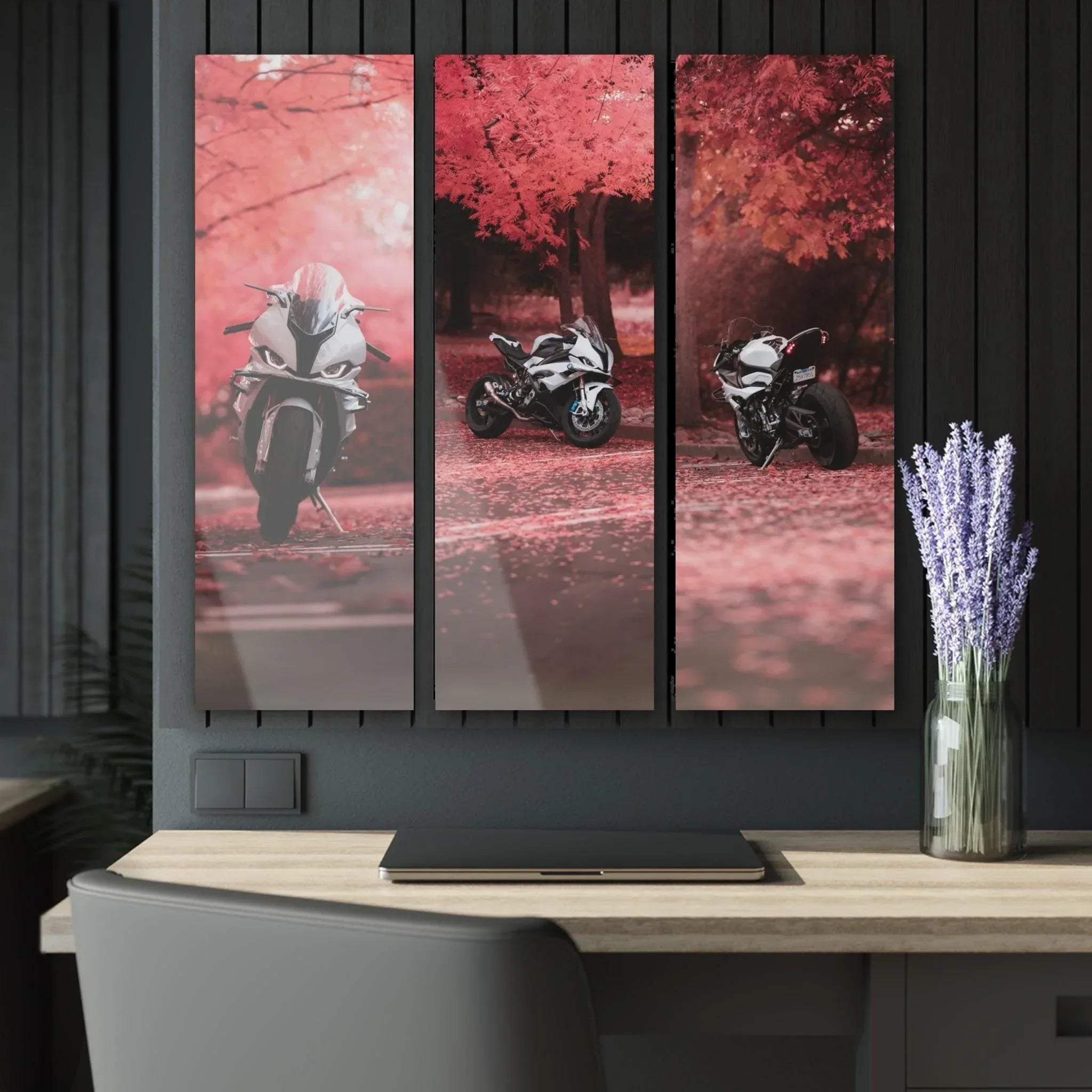 Three-piece acrylic canvas wall art featuring a BMW S1000RR motorcycle with red autumn trees in the background.