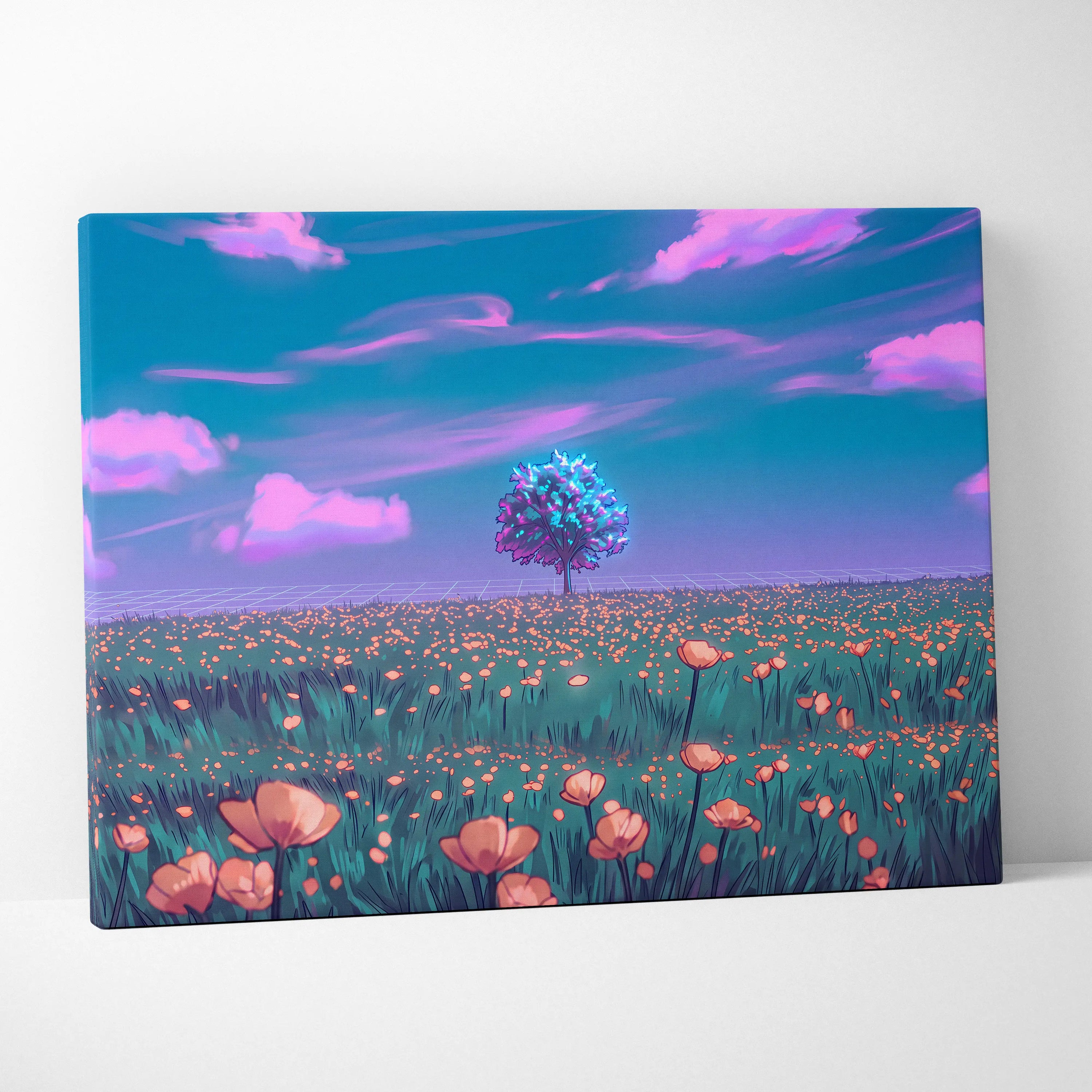 Neon Vapor Dream Canvas - Vaporwave Landscape Neon Sunset Neon Pink Cyan Bedroom Decor Retro Futurism Dreamy Surreal Mood Neon Cityscape Modern Minimalist Decor Wall Art Canvas Museum Quality