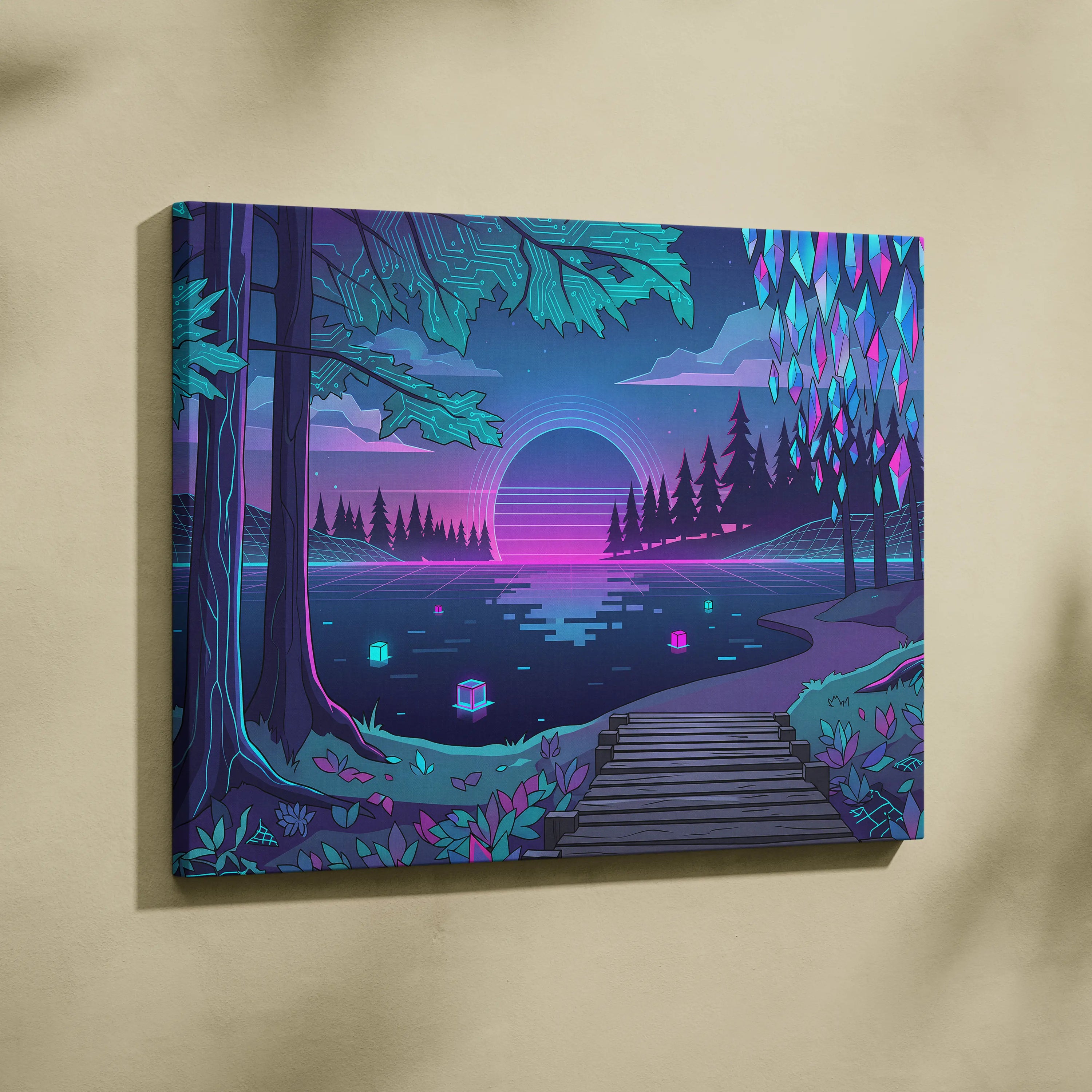 Vaporwave Neon Landscape Canvas - Vaporwave Landscape Neon Pink Living Room Decor Vaporwave Art Dream Neon Mood Canvas