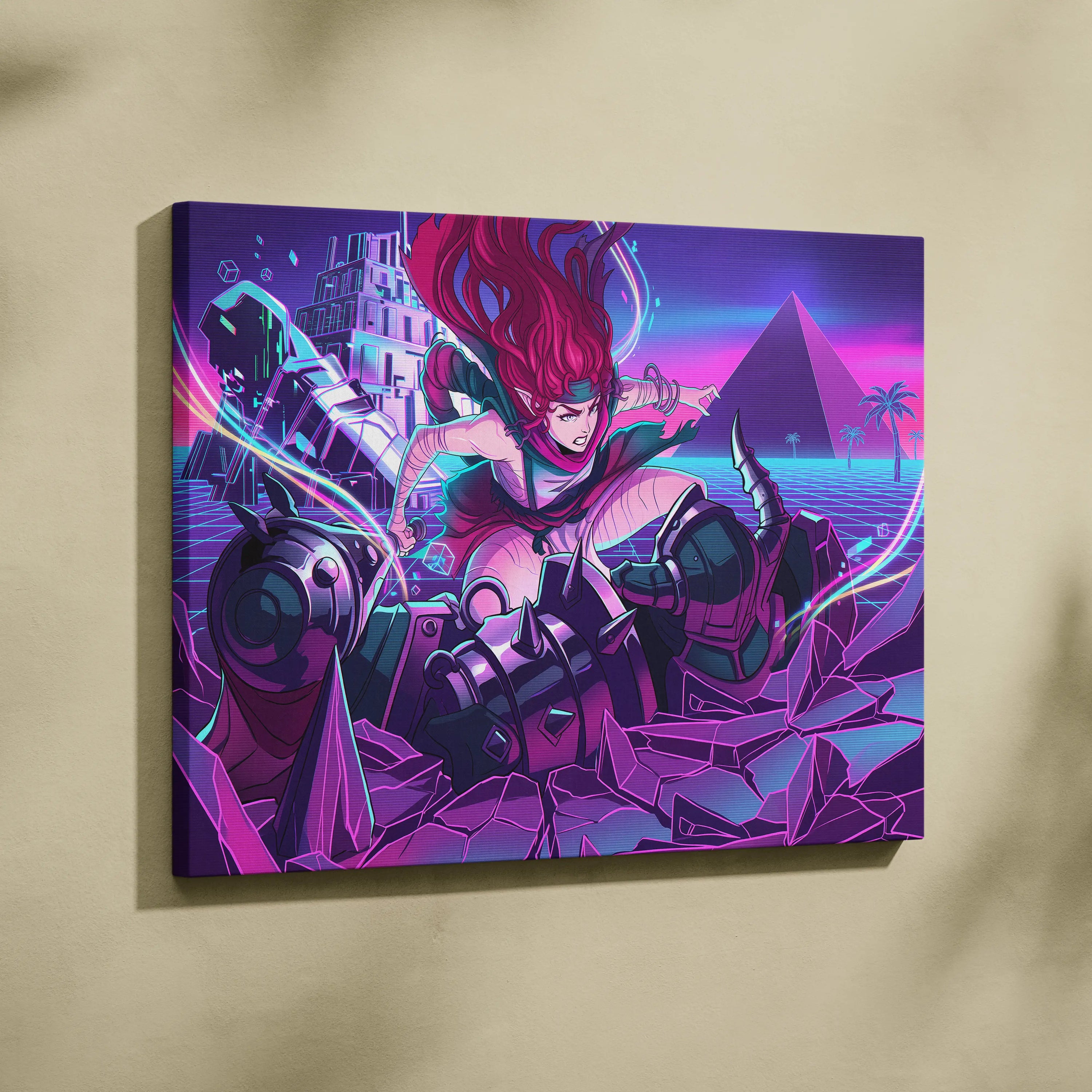 Vaporwave Neon Dreamscape Canvas - Neon Warrior Pink Purple Teal Room Vaporwave Moody Retro-Futurism Wall Art Canvas