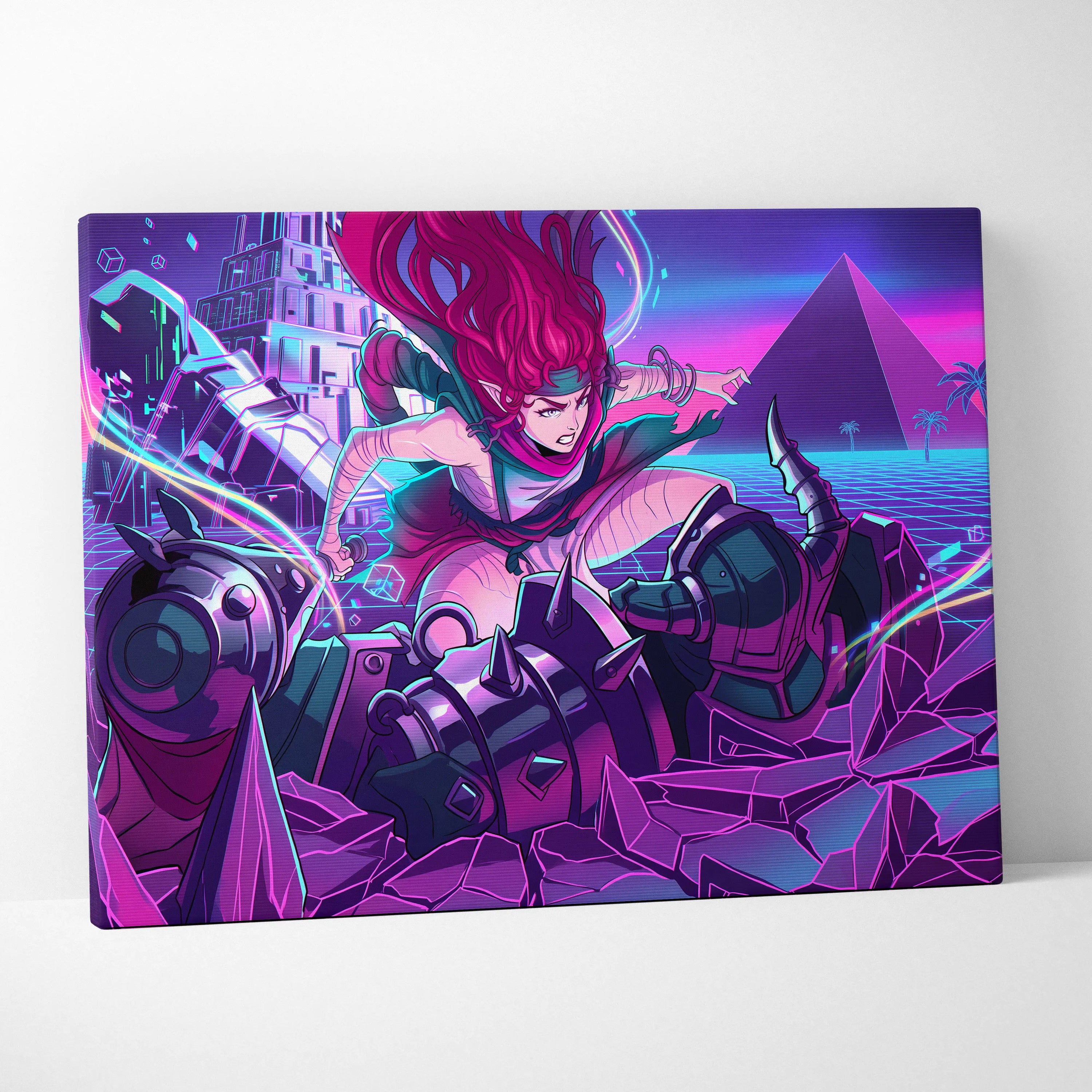 Vaporwave Neon Dreamscape Canvas - Neon Warrior Pink Purple Teal Room Vaporwave Moody Retro-Futurism Wall Art Canvas
