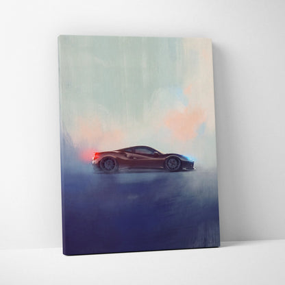 A sleek dark brown Ferrari F8 Tributo inspired sports car stylized painting on canvas for custom wall art print