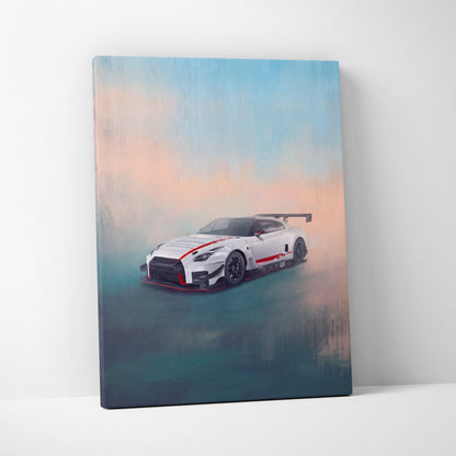 White and red nissan gt-r r35 racing car canvas print with black accents for luxury garage wall decor