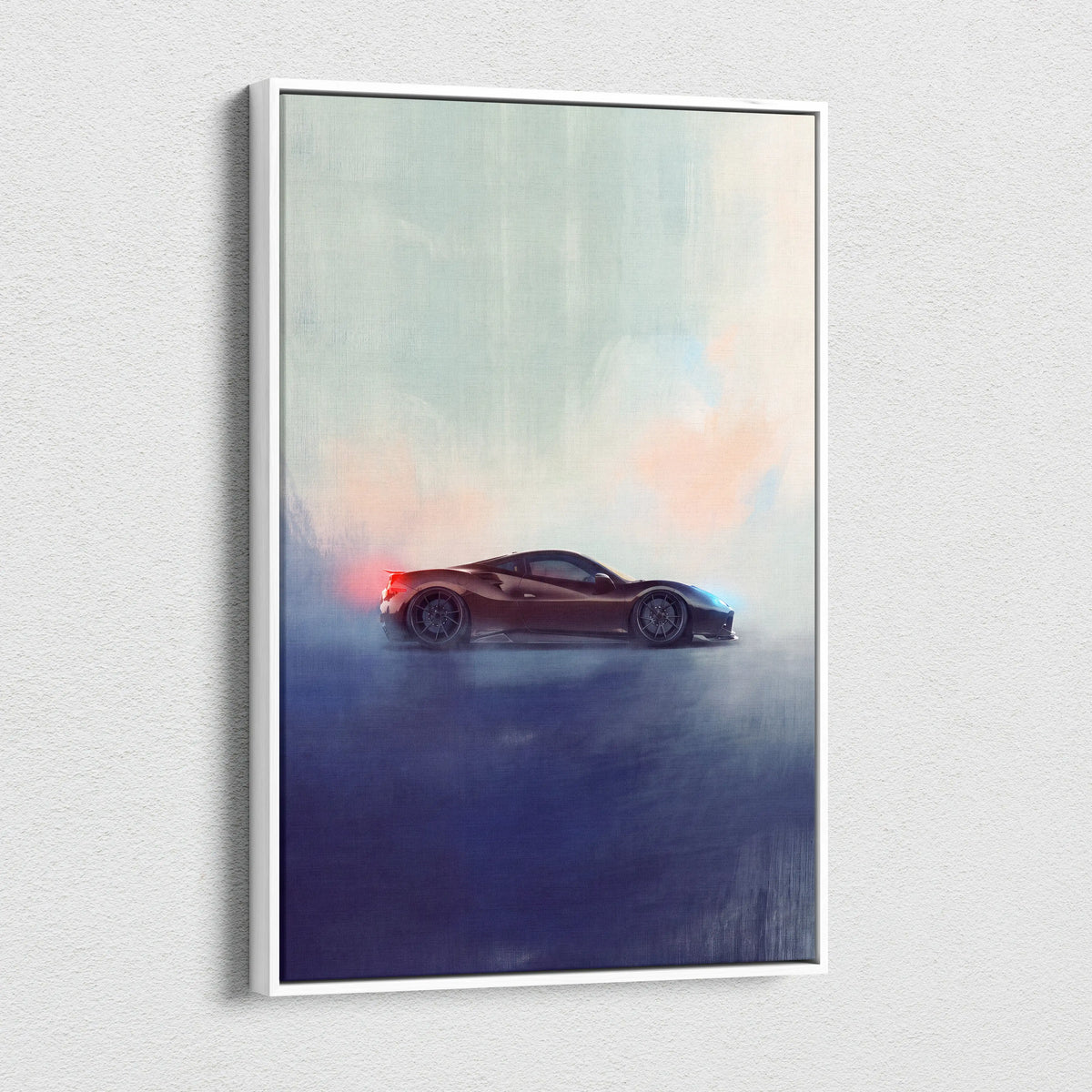 A framed canvas print featuring a sleek dark red Ferrari F8 Tributo supercar with blue and orange accents on a misty background