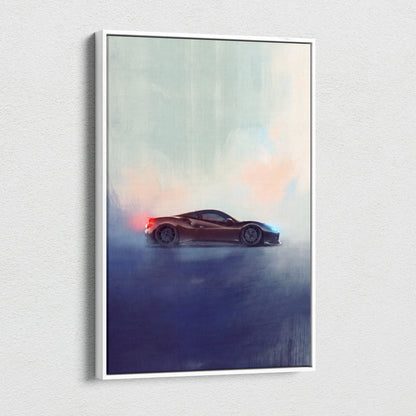 A framed canvas print featuring a sleek dark red Ferrari F8 Tributo supercar with blue and orange accents on a misty background