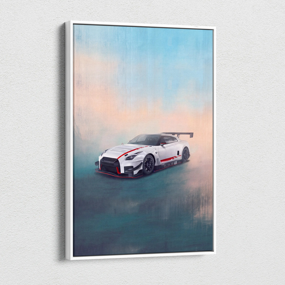 White and red nissan gt-r race car artwork in a sleek white frame for luxury garage wall decor canvas art