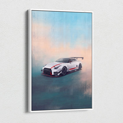 White and red nissan gt-r race car artwork in a sleek white frame for luxury garage wall decor canvas art