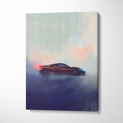 Ferrari f8 tributo inspired supercar canvas art featuring a matte brown sports car with glowing red and blue accents