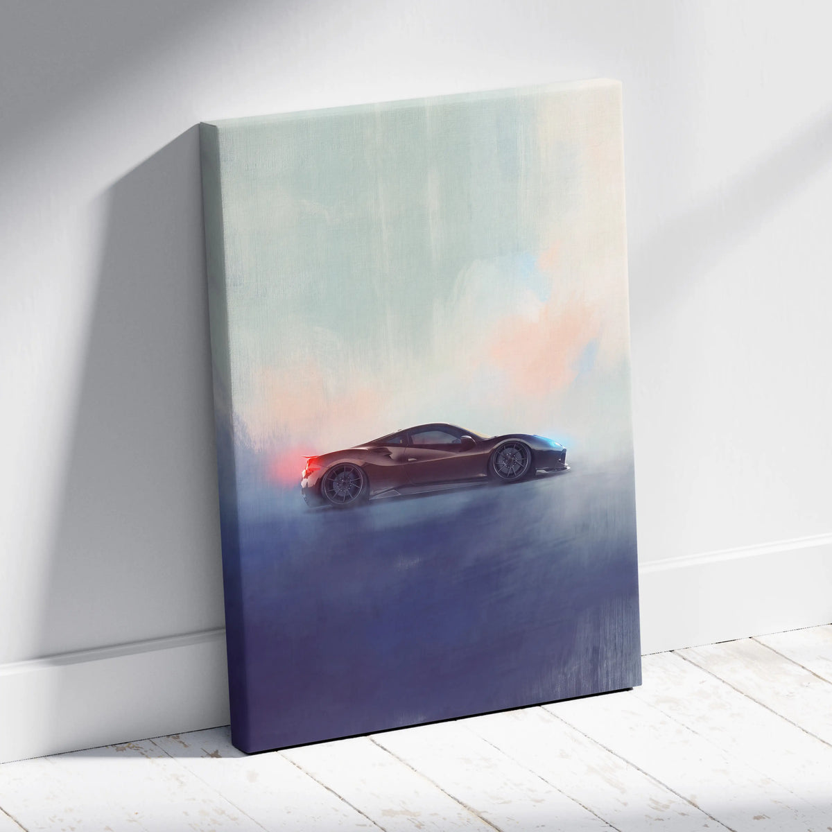 A sleek matte canvas print of a dark red Ferrari F8 Tributo with glowing blue and orange accents against a gradient sky