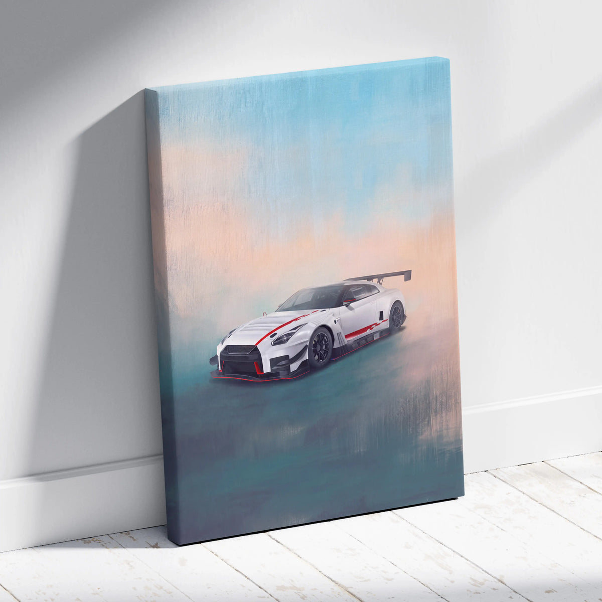 White nissan gt-r r35 inspired racing car with red accents on canvas for luxury garage wall decor
