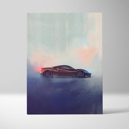 A sleek dark red Ferrari F8 Tributo inspired supercar stylized painting with glowing blue and orange accents canvas art print