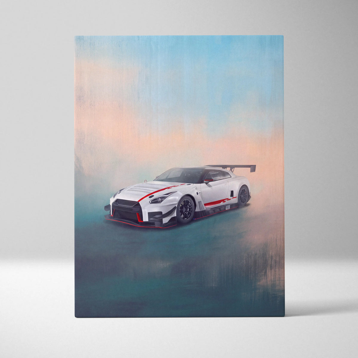 White nissan gt-r r35 inspired canvas art with red racing stripes and black accents for luxury garage wall decor