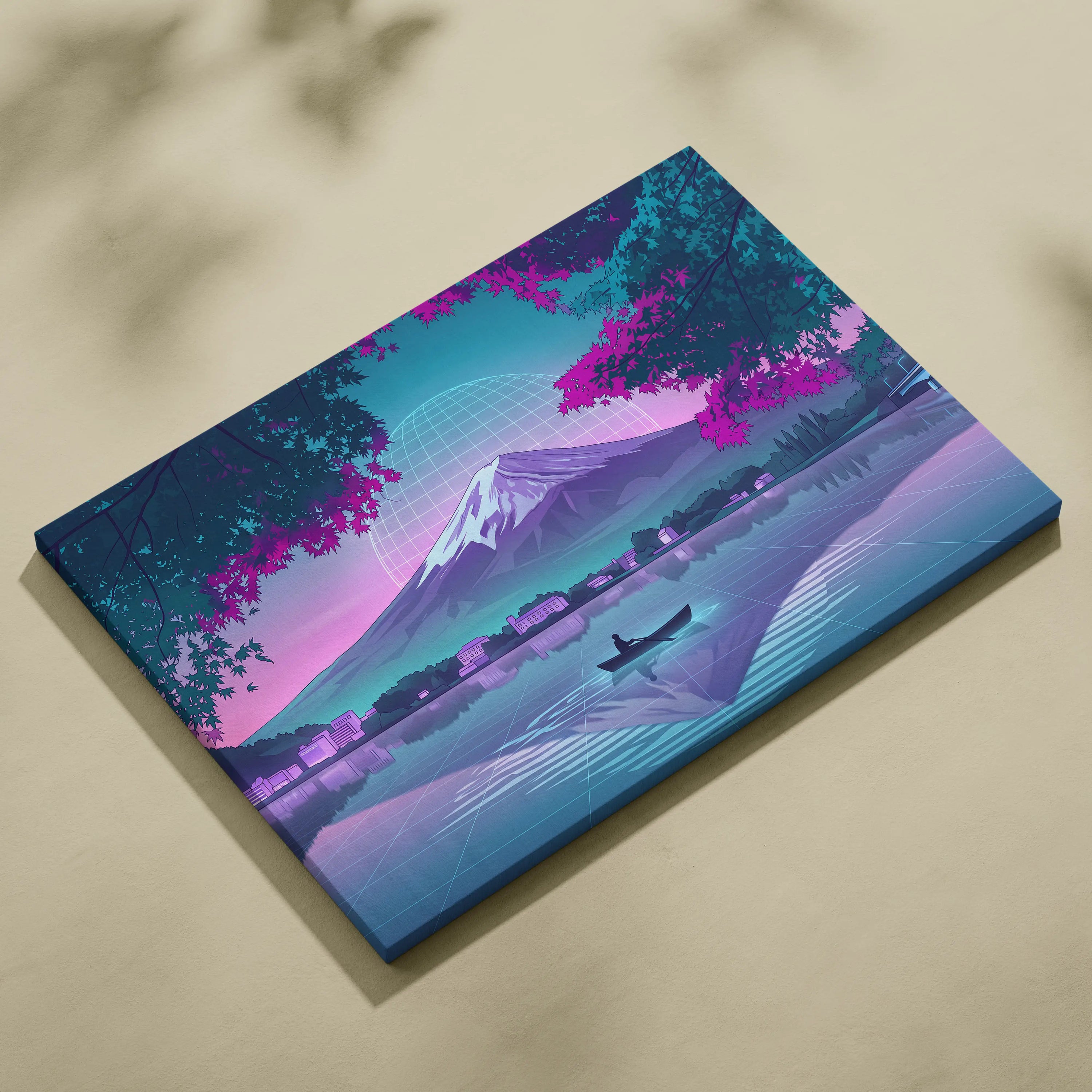 Neon Vaporwave Globe Canvas - Globe Landscape Neon Blues Living Room Retrofuturism Dreamy Vaporwave Mood Wall Art Canvas