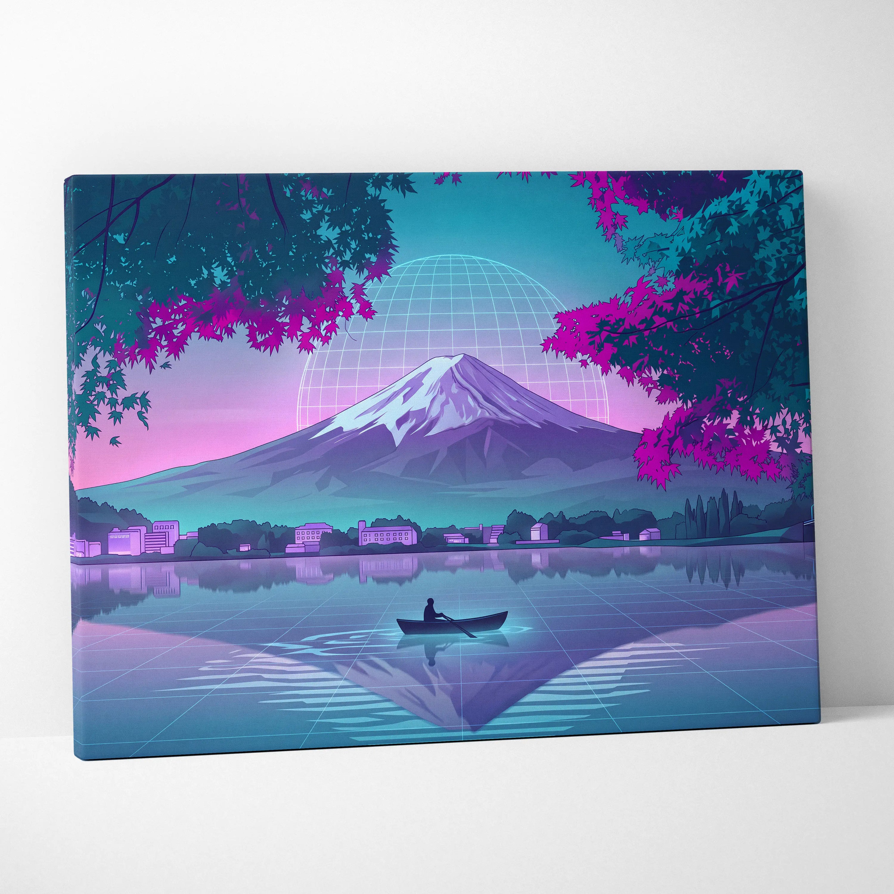 Neon Vaporwave Globe Canvas - Globe Landscape Neon Blues Living Room Retrofuturism Dreamy Vaporwave Mood Wall Art Canvas