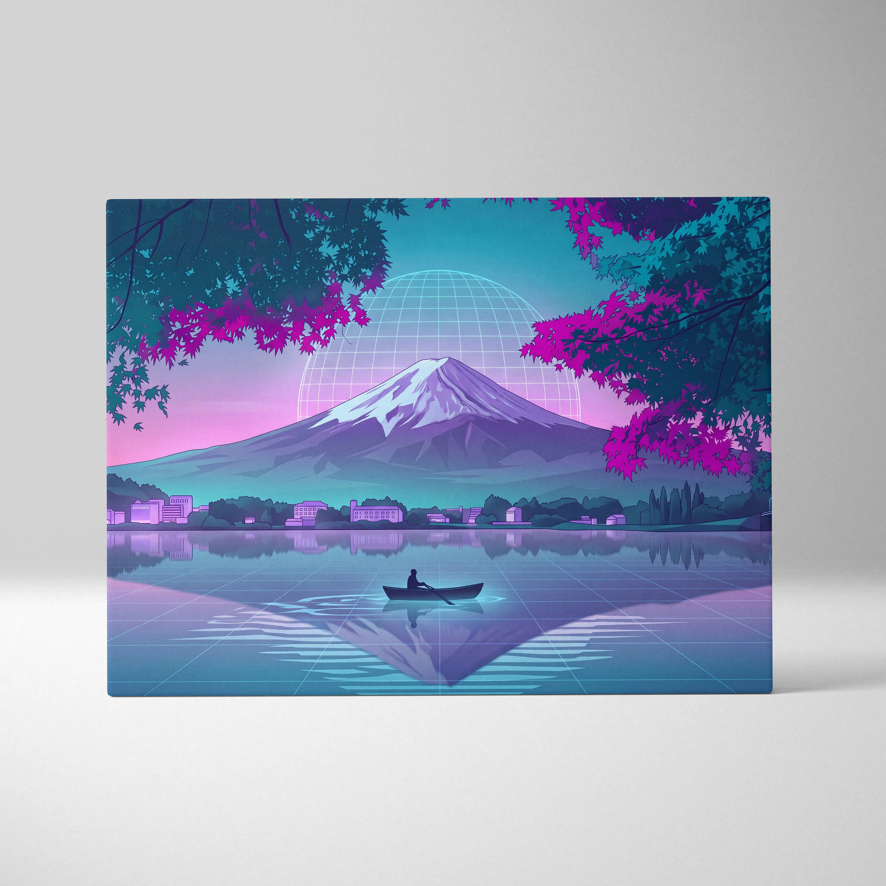 Neon Vaporwave Globe Canvas - Globe Landscape Neon Blues Living Room Retrofuturism Dreamy Vaporwave Mood Wall Art Canvas