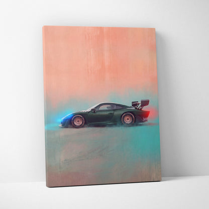 Porsche 935 inspired canvas art featuring a sleek dark green sports car with neon blue and red wheels on peach teal background