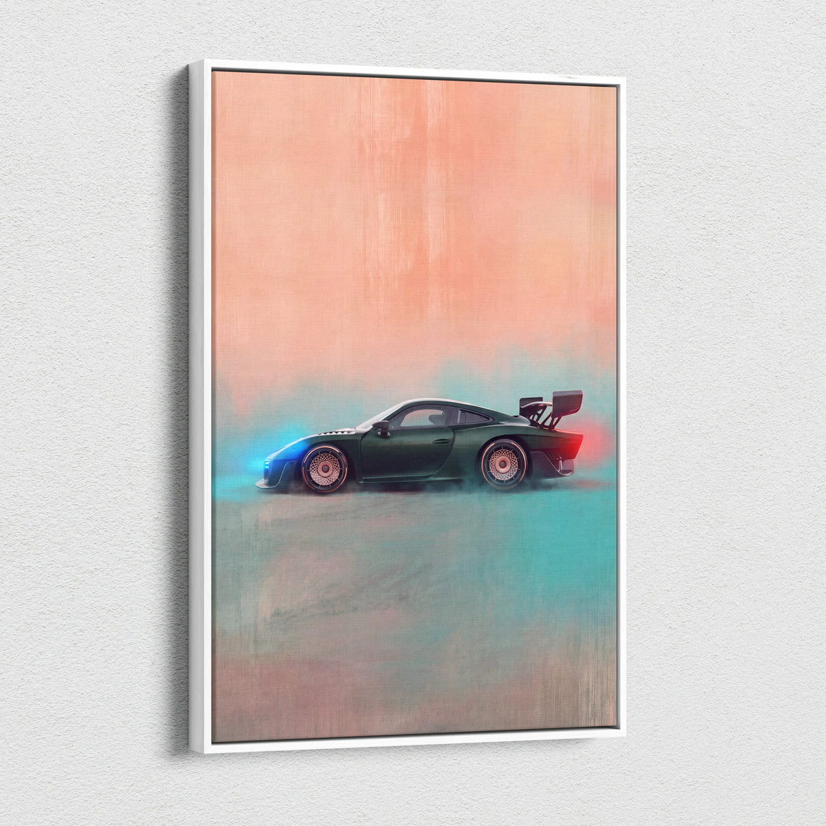 A sleek dark green Porsche 935 inspired canvas art with glowing blue and red accents for premium wall decor