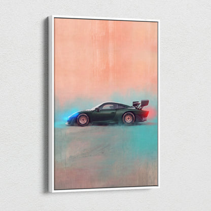 A sleek dark green Porsche 935 inspired canvas art with glowing blue and red accents for premium wall decor