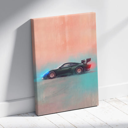 Porsche 935 inspired canvas art featuring a sleek dark green sports car with glowing blue and red wheel accents