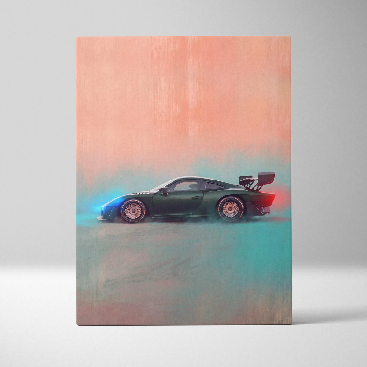 A sleek dark green porsche 911 with rear wing on premium automotive canvas art for wall decor