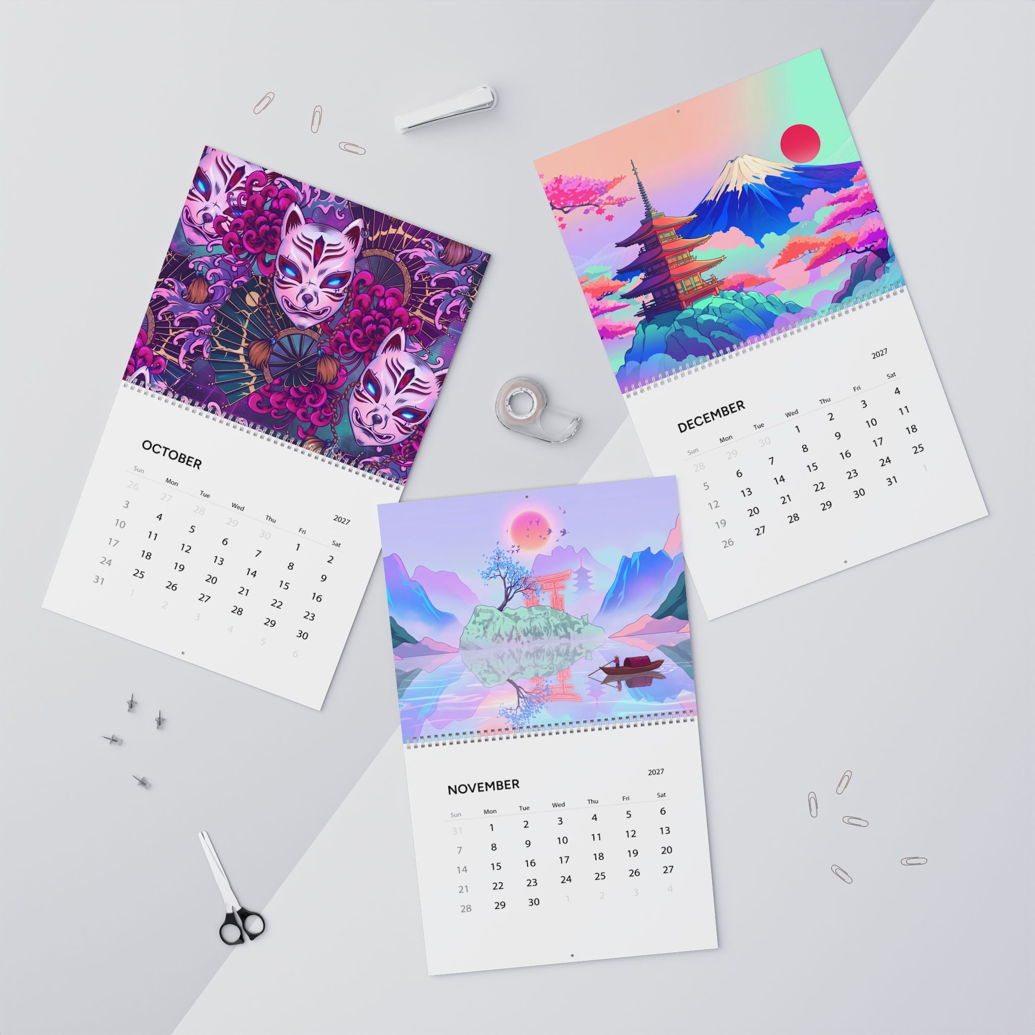 2027 Japan Inspired Vaporwave Wall Calendar – Koi Fish, Mount Fuji & Neon Wave Artwork
