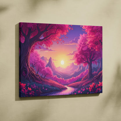 Neon Vaporwave Sunset Landscape - Neon Vaporwave Landscape Pink Purple Living Room Retrofuturism Dreamy Retro Art Canvas