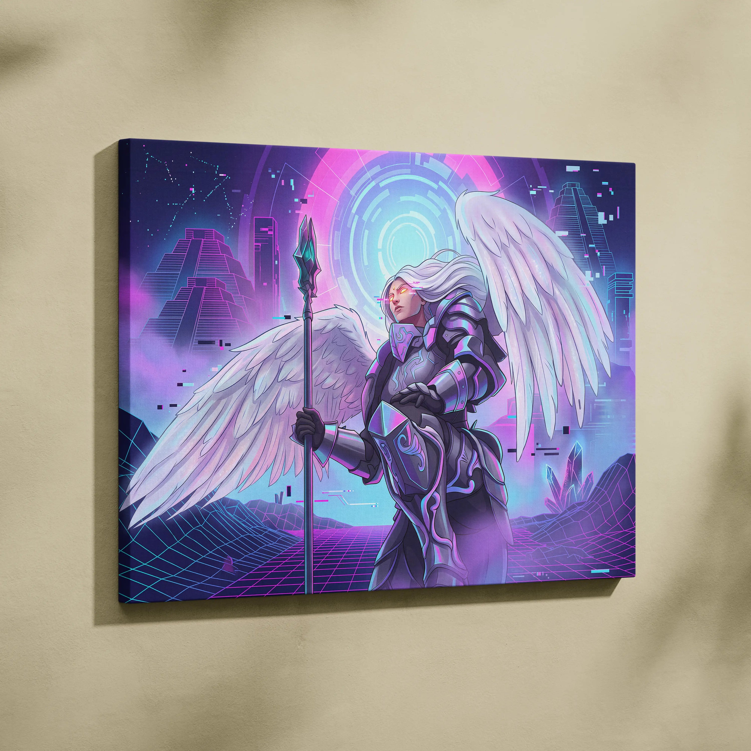 Vaporwave Neon Dream Canvas - Winged Valkyrie Neon Pink Blue Living Room Vaporwave Dreamy RetroFuturism Cyberpunk Canvas