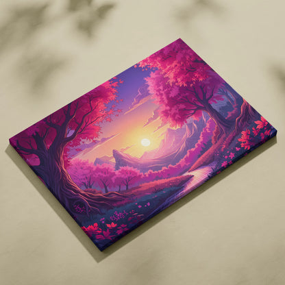 Neon Vaporwave Sunset Landscape - Neon Vaporwave Landscape Pink Purple Living Room Retrofuturism Dreamy Retro Art Canvas