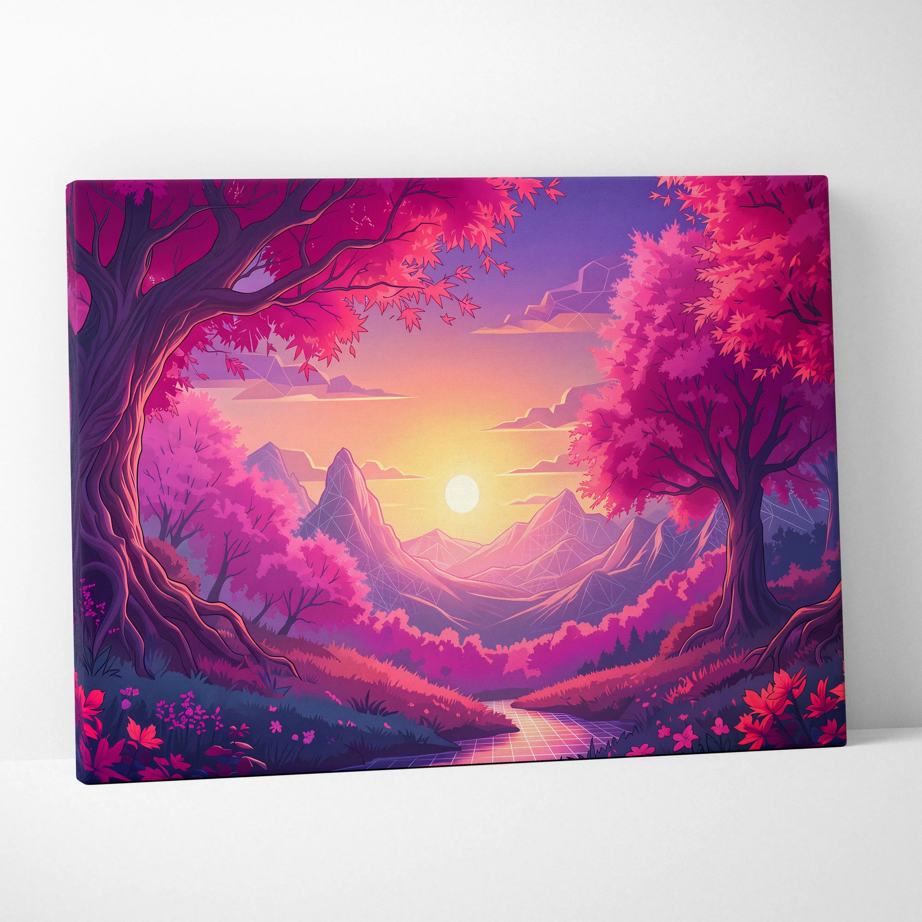 Neon Vaporwave Sunset Landscape - Neon Vaporwave Landscape Pink Purple Living Room Retrofuturism Dreamy Retro Art Canvas