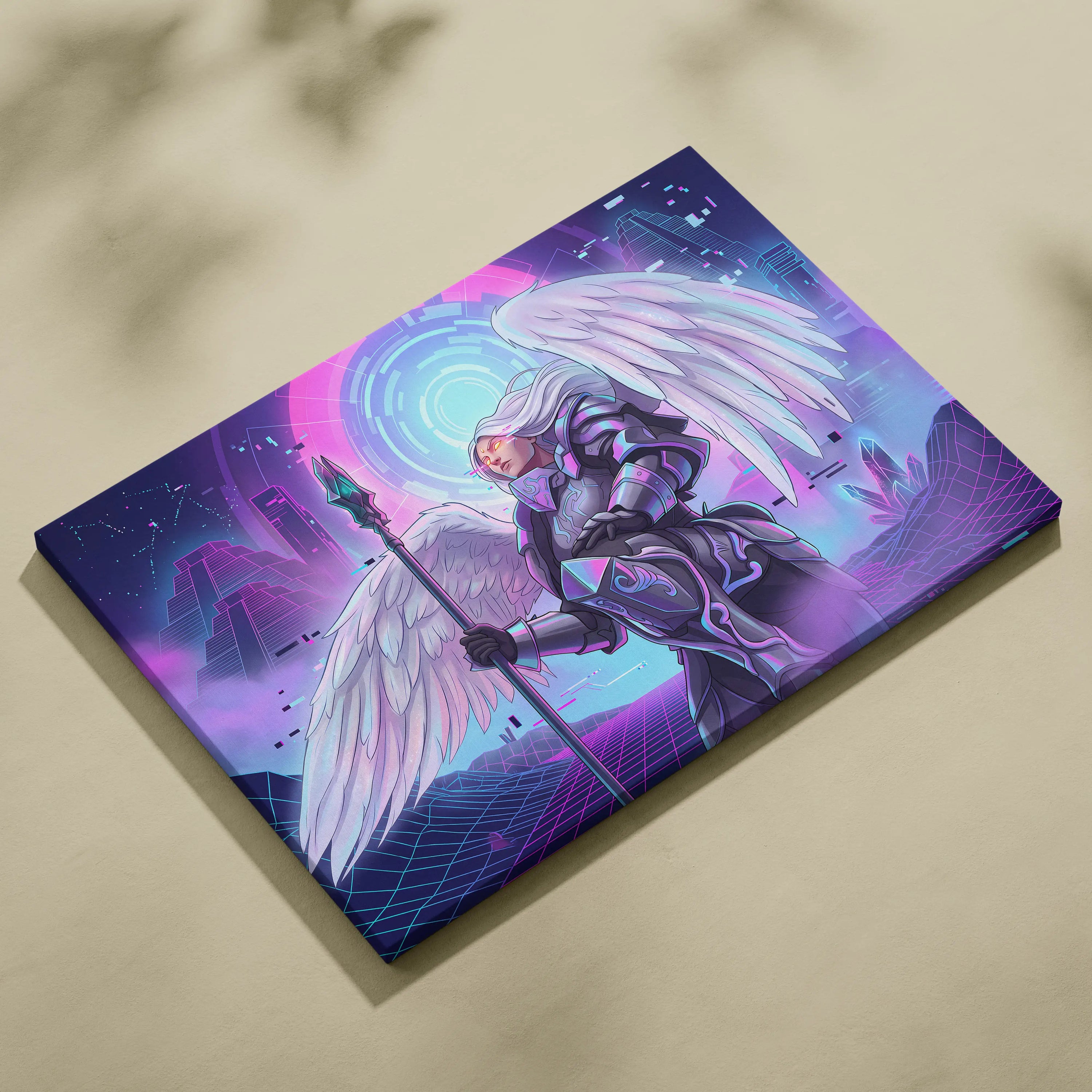 Vaporwave Neon Dream Canvas - Winged Valkyrie Neon Pink Blue Living Room Vaporwave Dreamy RetroFuturism Cyberpunk Canvas