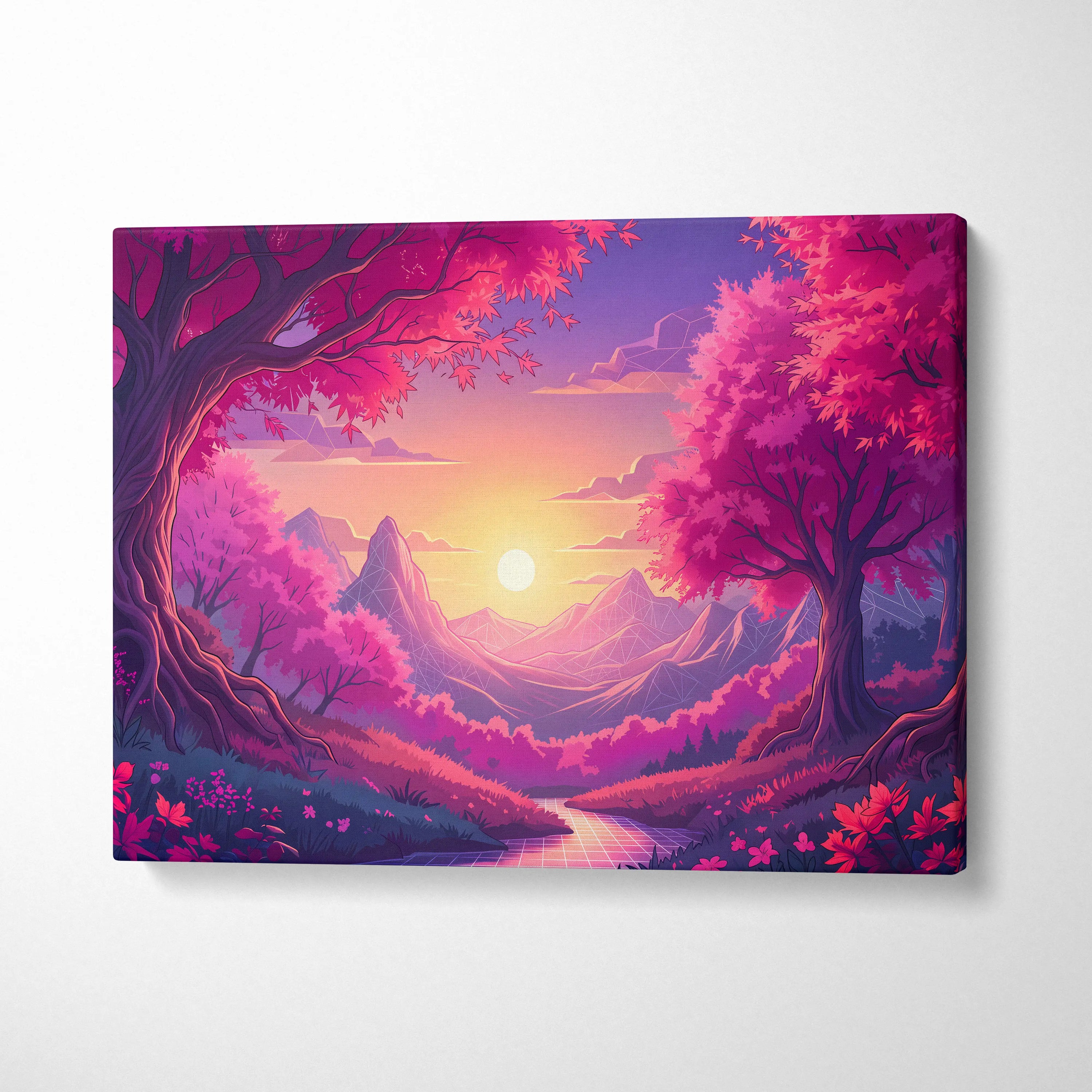 Neon Vaporwave Sunset Landscape - Neon Vaporwave Landscape Pink Purple Living Room Retrofuturism Dreamy Retro Art Canvas