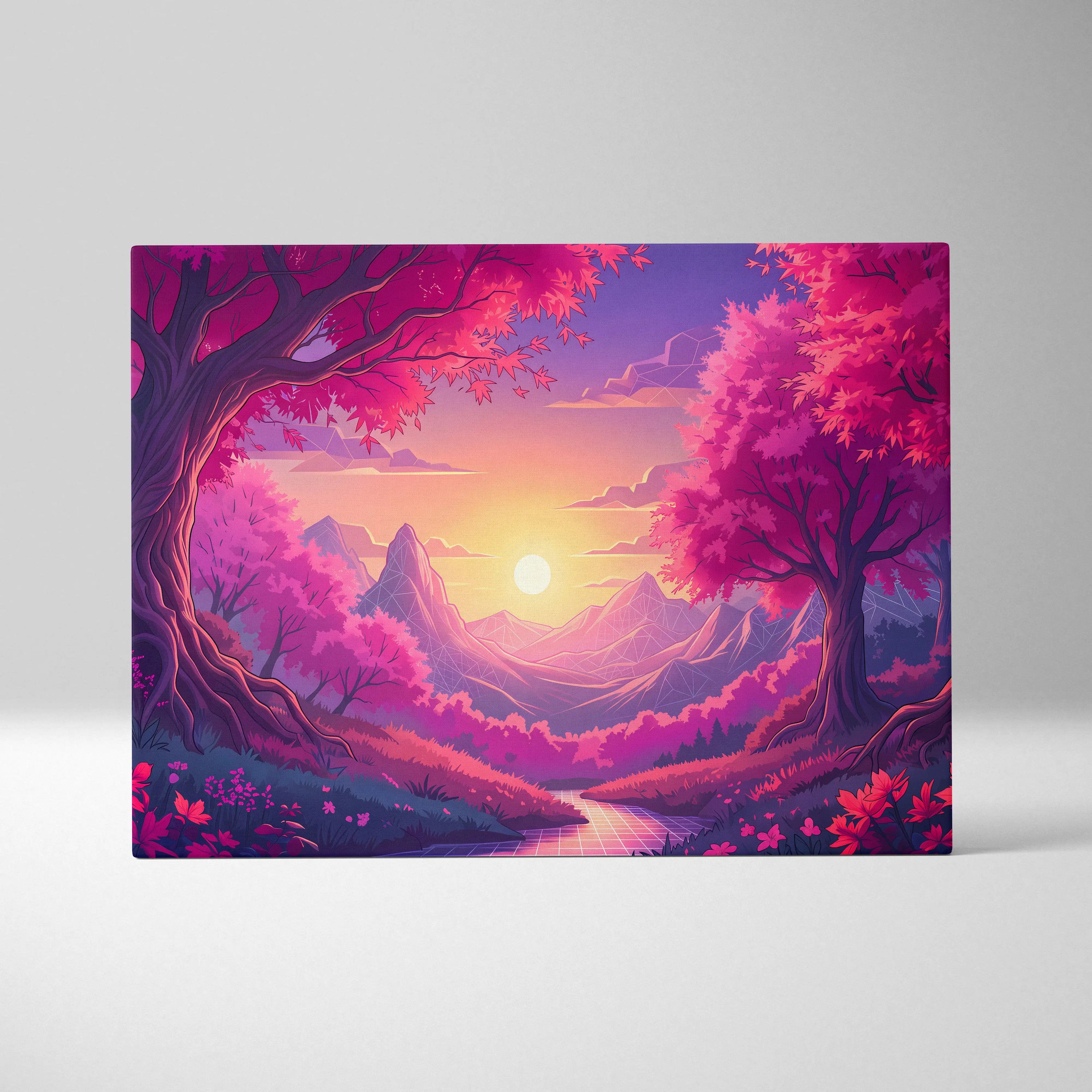 Neon Vaporwave Sunset Landscape - Neon Vaporwave Landscape Pink Purple Living Room Retrofuturism Dreamy Retro Art Canvas