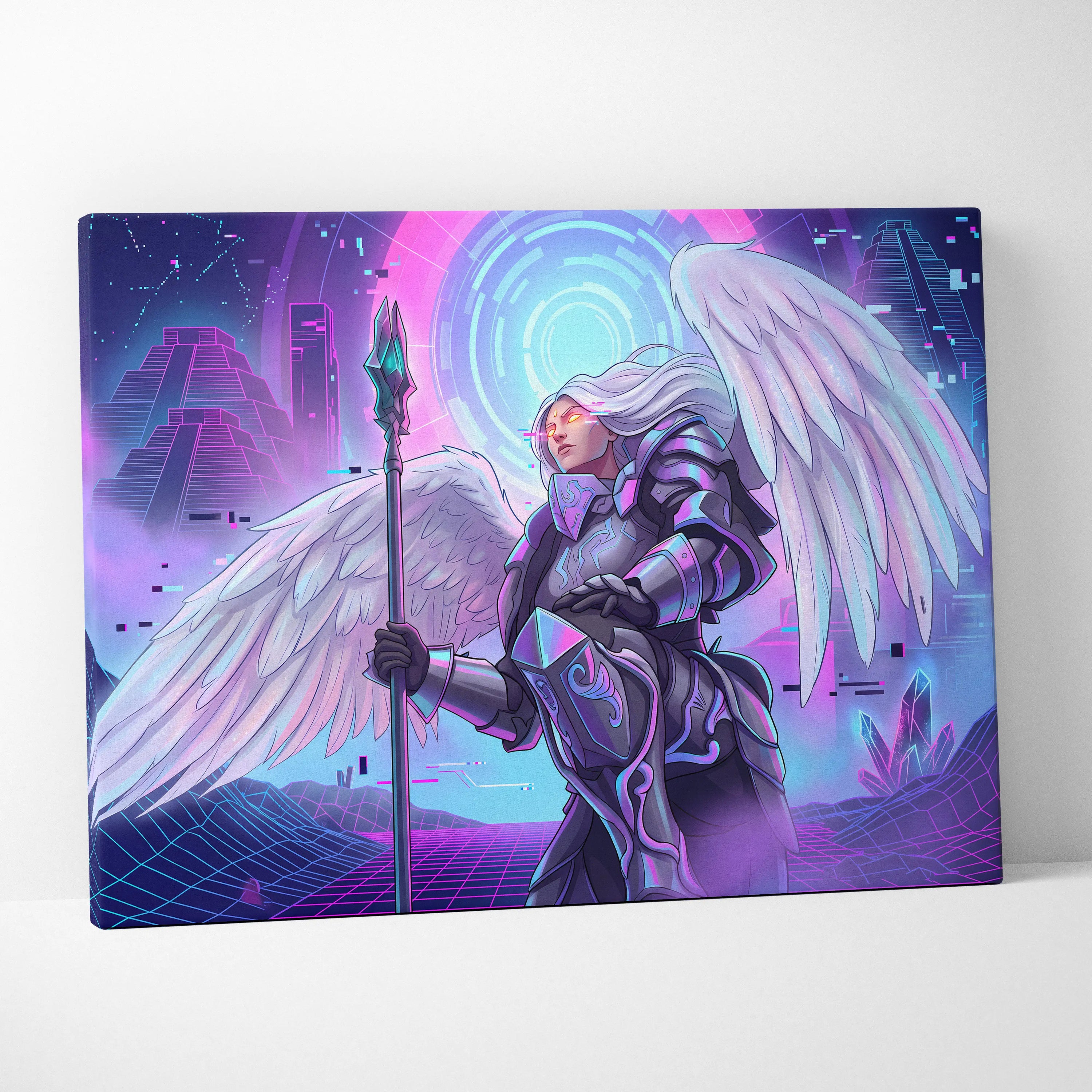 Vaporwave Neon Dream Canvas - Winged Valkyrie Neon Pink Blue Living Room Vaporwave Dreamy RetroFuturism Cyberpunk Canvas