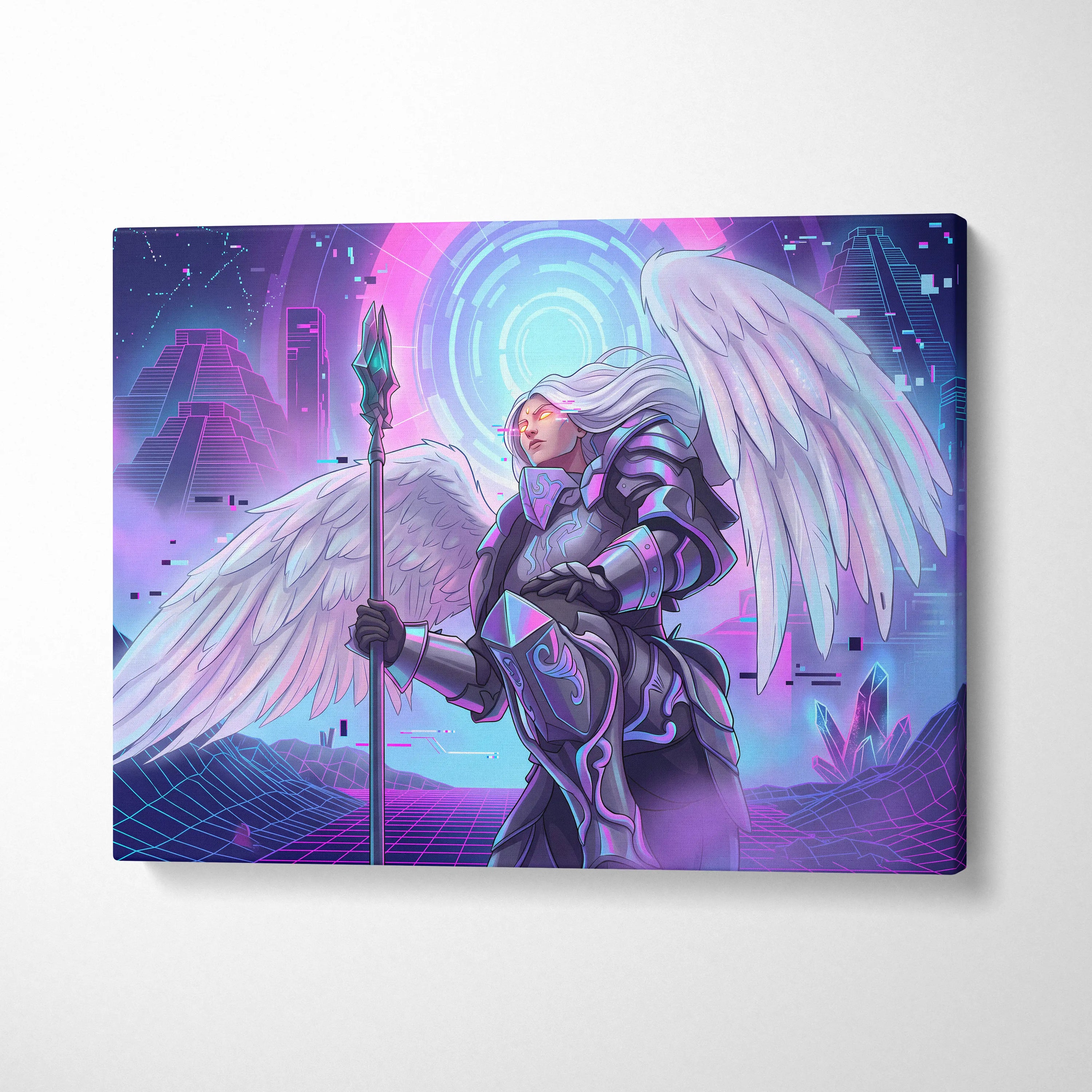 Vaporwave Neon Dream Canvas - Winged Valkyrie Neon Pink Blue Living Room Vaporwave Dreamy RetroFuturism Cyberpunk Canvas
