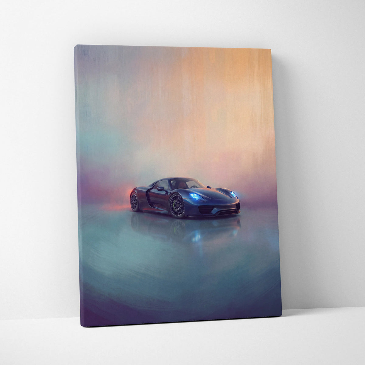 Porsche 918 spyder inspired supercar canvas art featuring a sleek dark blue sports car with glowing headlights on gradient background