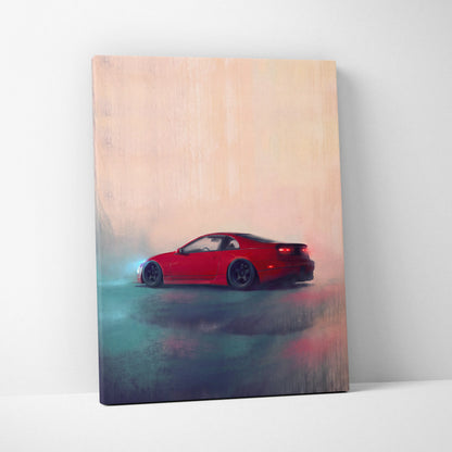 Nissan 300ZX inspired red sports car canvas print featuring a sleek coupe with black rims for modern living room decor