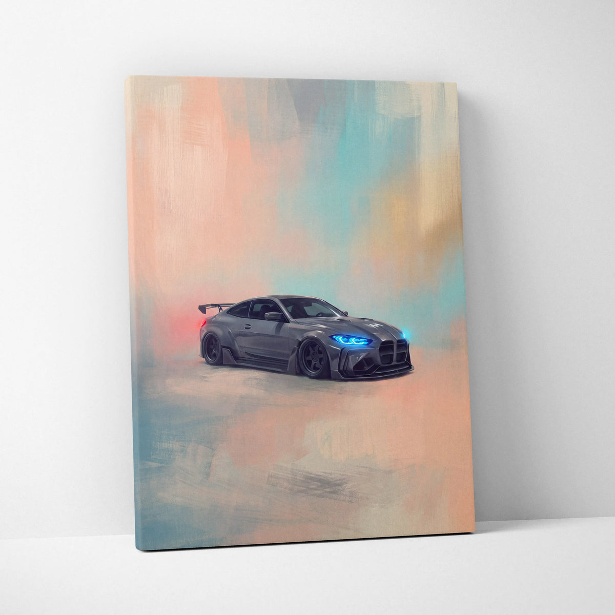 Gray bmw m4 coupe with glowing blue headlights on canvas modern automotive poster painting wall art