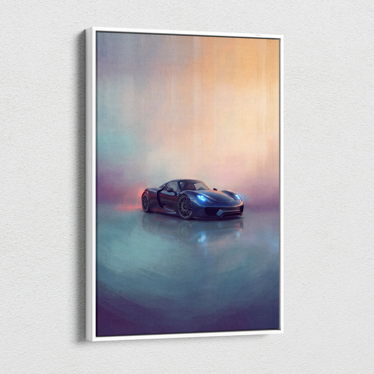 A sleek dark blue Porsche 918 Spyder inspired supercar canvas art print with glowing headlights and atmospheric lighting
