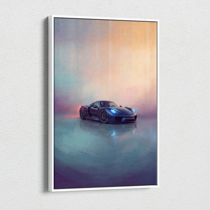 A sleek dark blue Porsche 918 Spyder inspired supercar canvas art print with glowing headlights and atmospheric lighting